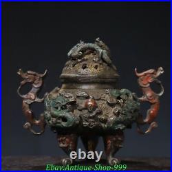 6.6 Old Chinese Dynasty Bronze Gilt 9 Dragon Lion Beast Incense Burner Censer