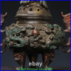 6.6 Old Chinese Dynasty Bronze Gilt 9 Dragon Lion Beast Incense Burner Censer