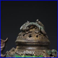 6.6 Old Chinese Dynasty Bronze Gilt 9 Dragon Lion Beast Incense Burner Censer