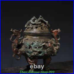 6.6 Old Chinese Dynasty Bronze Gilt 9 Dragon Lion Beast Incense Burner Censer