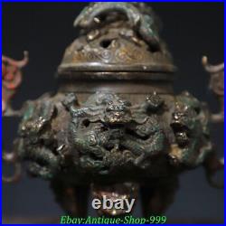 6.6 Old Chinese Dynasty Bronze Gilt 9 Dragon Lion Beast Incense Burner Censer