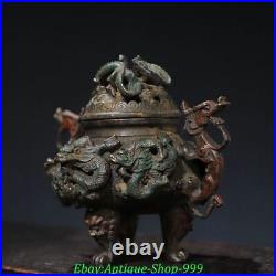 6.6 Old Chinese Dynasty Bronze Gilt 9 Dragon Lion Beast Incense Burner Censer