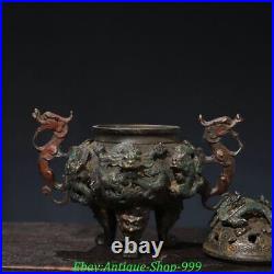 6.6 Old Chinese Dynasty Bronze Gilt 9 Dragon Lion Beast Incense Burner Censer