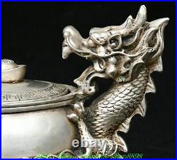 6.6'' Old Chinese Dynasty Marked Bronze Silver Dragon Tea Leaves Crock Pot Jar