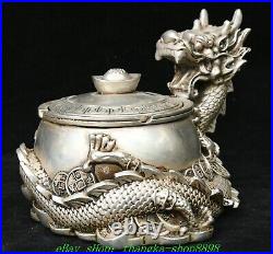 6.6'' Old Chinese Dynasty Marked Bronze Silver Dragon Tea Leaves Crock Pot Jar