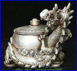 6.6'' Old Chinese Dynasty Marked Bronze Silver Dragon Tea Leaves Crock Pot Jar