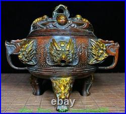 6.7'' Old Chinese Bronze Gilt Dragon Beast 2 Ear 3 Leg Incense Burner Censer