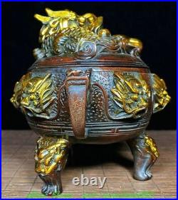 6.7'' Old Chinese Bronze Gilt Dragon Beast 2 Ear 3 Leg Incense Burner Censer