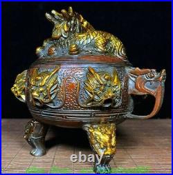 6.7'' Old Chinese Bronze Gilt Dragon Beast 2 Ear 3 Leg Incense Burner Censer