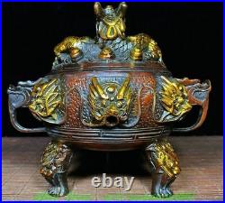 6.7'' Old Chinese Bronze Gilt Dragon Beast 2 Ear 3 Leg Incense Burner Censer