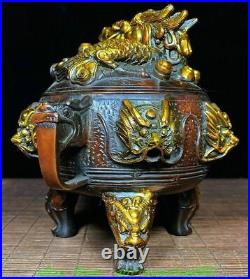 6.7'' Old Chinese Bronze Gilt Dragon Beast 2 Ear 3 Leg Incense Burner Censer