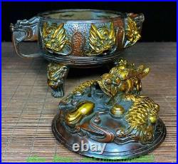 6.7'' Old Chinese Bronze Gilt Dragon Beast 2 Ear 3 Leg Incense Burner Censer