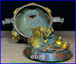 6.7'' Old Chinese Bronze Gilt Dragon Beast 2 Ear 3 Leg Incense Burner Censer