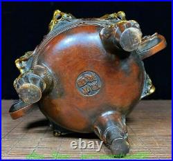 6.7'' Old Chinese Bronze Gilt Dragon Beast 2 Ear 3 Leg Incense Burner Censer