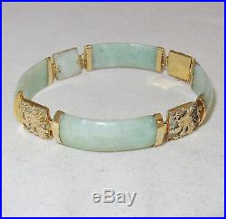 6.75 Chinese 14K Yellow Gold Bracelet with Dragons & Green Jadeite Jade (16g)