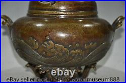 6.8 Marked Old Chinese Purple Copper Dragon Lid 2 Ear Incense Burner Censer