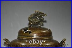 6.8 Marked Old Chinese Purple Copper Dragon Lid 2 Ear Incense Burner Censer