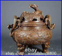 6.8 Old Chinese Bronze Gilt Dynasty Three Foot Dragon Censer incense burner