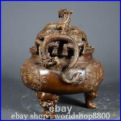 6.8 Old Chinese Bronze Gilt Dynasty Three Foot Dragon Censer incense burner