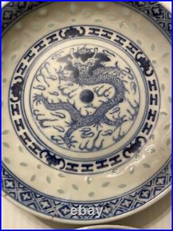 (6)- Antique Chinese Blue White Dragon Porcelain DISH signed