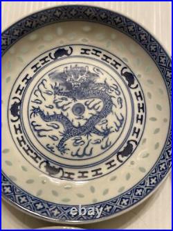 (6)- Antique Chinese Blue White Dragon Porcelain DISH signed
