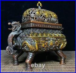6 Antique Old Chinese Dynasty Bronze Gilt Palace Dragon Incense Burner Censer