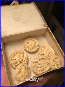 6 Antique c. 1900 Chinese Carved Dragon Buttons in Silk Covered Box