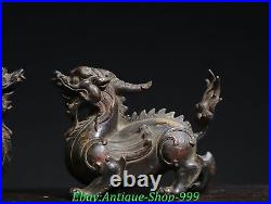 6 Old Chinese Dynasty Bronze Gilt FengShui Dragon Unicorn Beast Statue Pair