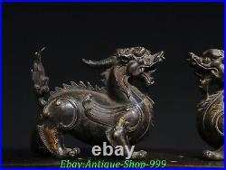 6 Old Chinese Dynasty Bronze Gilt FengShui Dragon Unicorn Beast Statue Pair