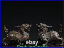 6 Old Chinese Dynasty Bronze Gilt FengShui Dragon Unicorn Beast Statue Pair