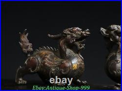 6 Old Chinese Dynasty Bronze Gilt FengShui Dragon Unicorn Beast Statue Pair