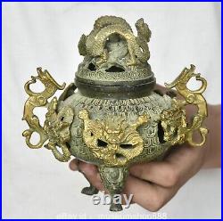 6 Rare Old Chinese Bronze Gilt Dynasty Palace Dragon Ear incense burner