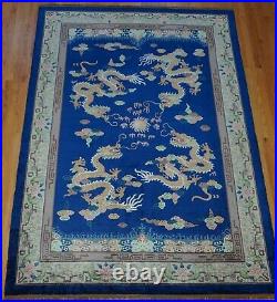 6' x 9' Silk Chinese Dragons Hand-Knotted Blue Oriental Rug Hand-Cleaned