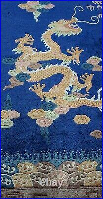 6' x 9' Silk Chinese Dragons Hand-Knotted Blue Oriental Rug Hand-Cleaned