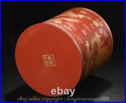 7.2 Marked Old Chinese Red Lacquer Ware Wood Gilt Dragon Brush Pot