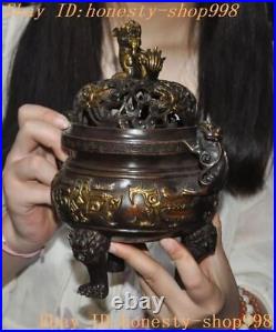 7.4'' Marked Chinese bronze Gilt Dragon Loong beast statue Incense burner Censer