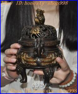 7.4'' Marked Chinese bronze Gilt Dragon Loong beast statue Incense burner Censer