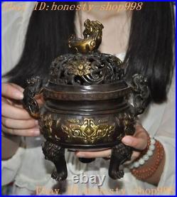 7.4'' Marked Chinese bronze Gilt Dragon Loong beast statue Incense burner Censer