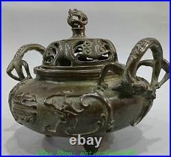 7.4'' Old Chinese Dynasty Bronze Dragon Beast Ear 3 Leg Incense Burner Censer