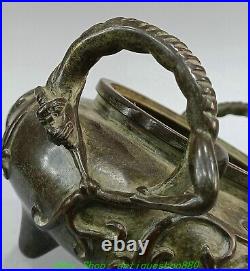 7.4'' Old Chinese Dynasty Bronze Dragon Beast Ear 3 Leg Incense Burner Censer