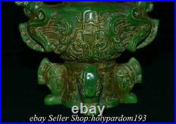 7.4 Old Chinese Green Jade Carved Dynasty Dragon Beast Wine Cup Statue