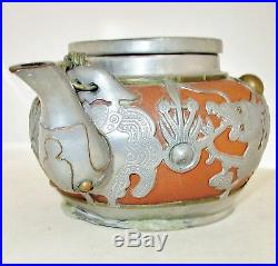 7.5 Old Chinese YIXING Clay Teapot with Partial Pewter Covering of Dragons & Bats