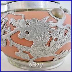 7.5 Old Chinese YIXING Clay Teapot with Partial Pewter Covering of Dragons & Bats