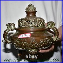 7.6 Marked Old Chinese Bronze Dynasty Dragon incense burner Pot Statue