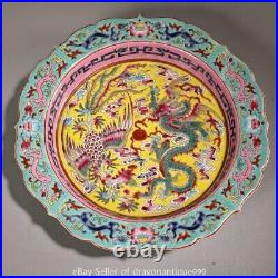 7.6 Marked Old Chinese Enamel Pastel Porcelain Dragon Phoenix Tray Plate