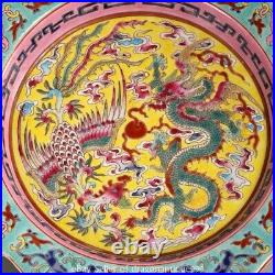 7.6 Marked Old Chinese Enamel Pastel Porcelain Dragon Phoenix Tray Plate