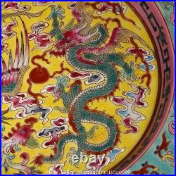 7.6 Marked Old Chinese Enamel Pastel Porcelain Dragon Phoenix Tray Plate