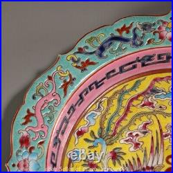 7.6 Marked Old Chinese Enamel Pastel Porcelain Dragon Phoenix Tray Plate