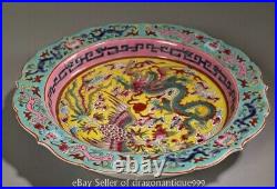 7.6 Marked Old Chinese Enamel Pastel Porcelain Dragon Phoenix Tray Plate