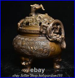 7.8 Marked Old Chinese Bronze Dynasty Dragon Fish 3 Leg incense burner Censer